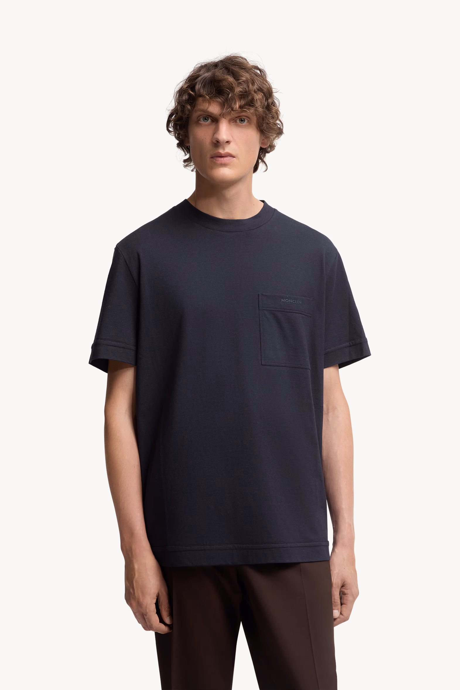 Logo Cotton & Silk T-Shirt with Pocket Men Navy Blue Moncler 3